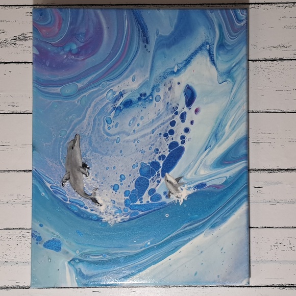 Artisan Other - SOLD Hand Crafted Dolphins Acrylic Painting Original Fluid Wall Art Essential